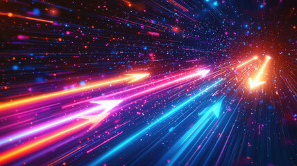 Obraz premium Bright glowing arrows in motion create dynamic visual effect, showcasing speed and energy. vibrant colors of pink, blue, and orange enhance sense of movement and excitement