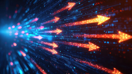 Naklejka premium Bright glowing arrows in motion create dynamic sense of speed and energy, showcasing vibrant colors and light trails that evoke excitement and movement