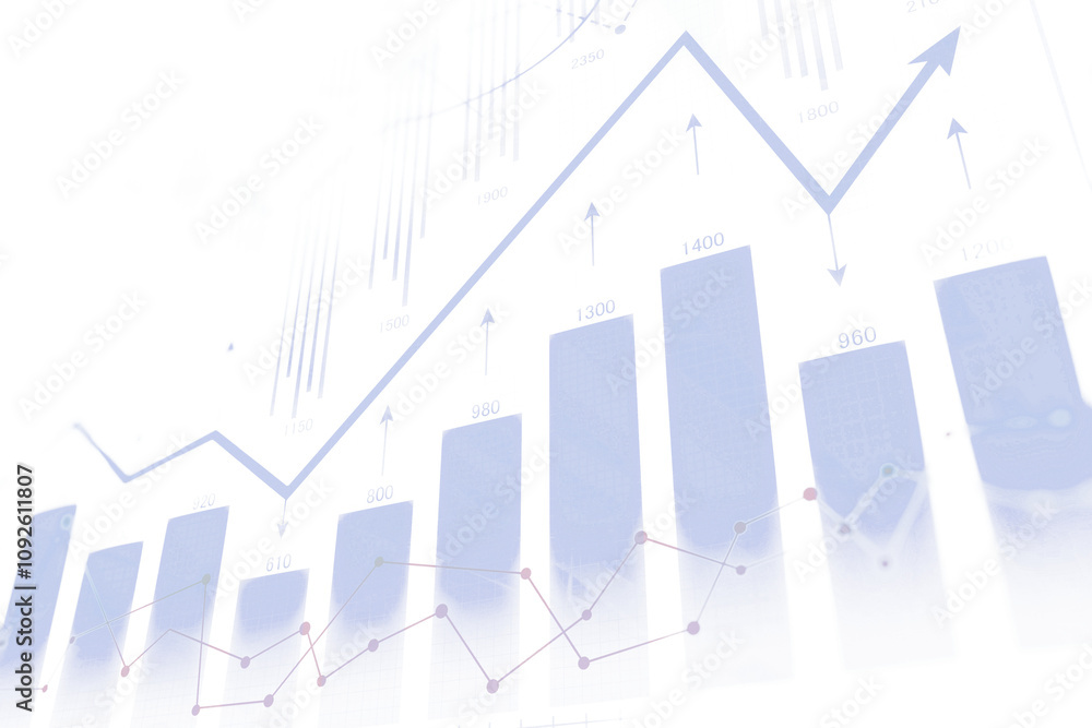 Poster bar charts and line graphs with upward arrows on a white background, representing stock market growt
