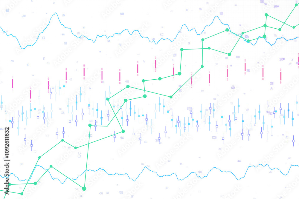 Poster financial charts with candlestick patterns, trend lines, and data points displayed on a white backgr
