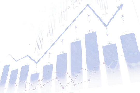Bar charts and line graphs with upward arrows on a white background, representing stock market growth, business trends, and analytics concepts