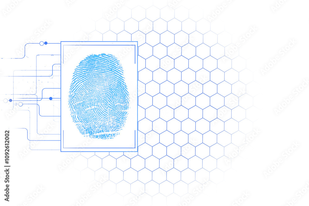 Poster Blue fingerprint illustration on a white background with hexagonal and circuit patterns, representing security and authentication concepts