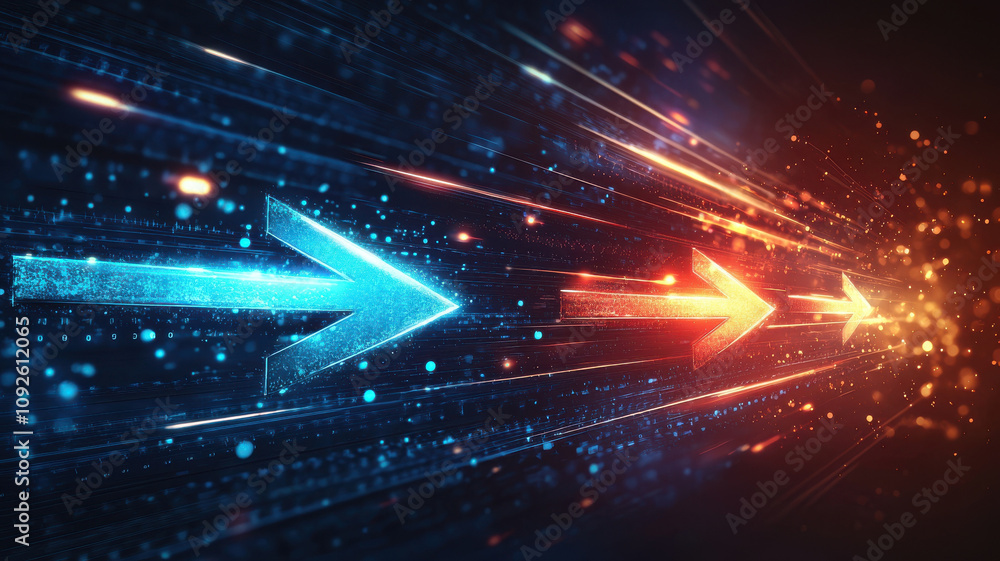 Poster Futuristic luminous arrows with dynamic speed and light effects create vibrant visual experience. blue and red arrows symbolize direction and movement