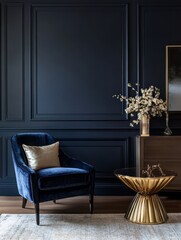 Elegant Blue Velvet Armchair with Gold Accents in Dark Room