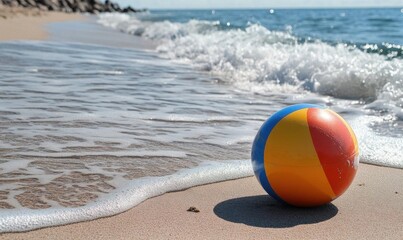 Obraz premium A colorful beach ball resting on the sandy shore near gentle waves.