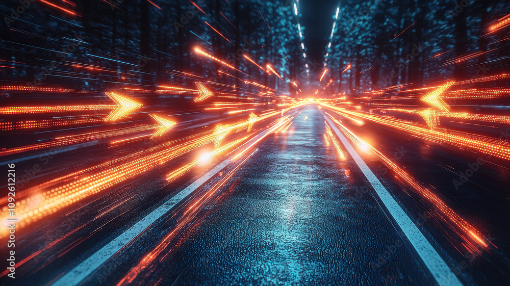 Poster high energy luminous arrows with bright speed trails illuminate dark road, creating dynamic and vibr