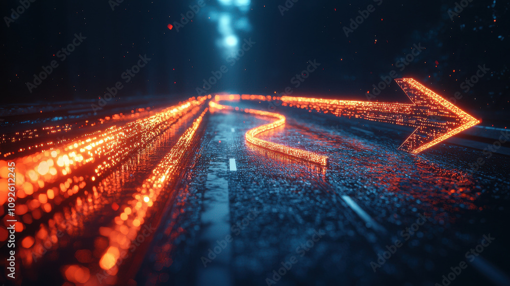 Poster luminous energy arrows with flowing light trails illuminate wet road, creating dynamic and vibrant s