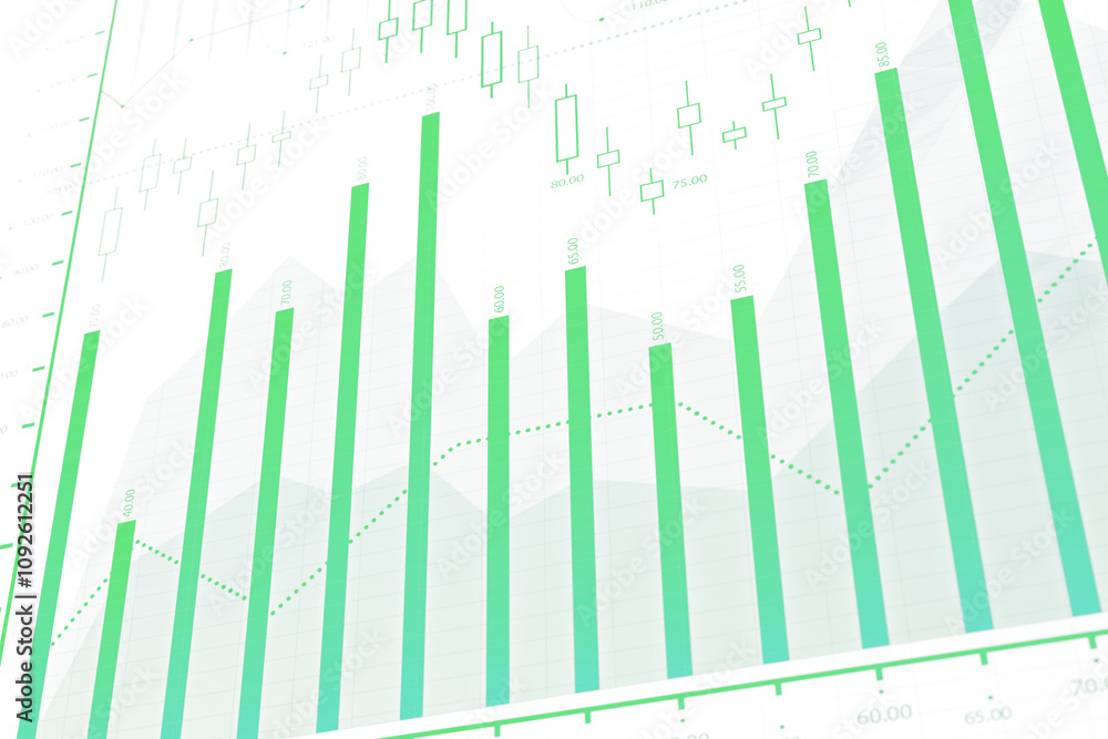 Poster green bar chart and candlestick graph overlaid on white background, representing financial data and 