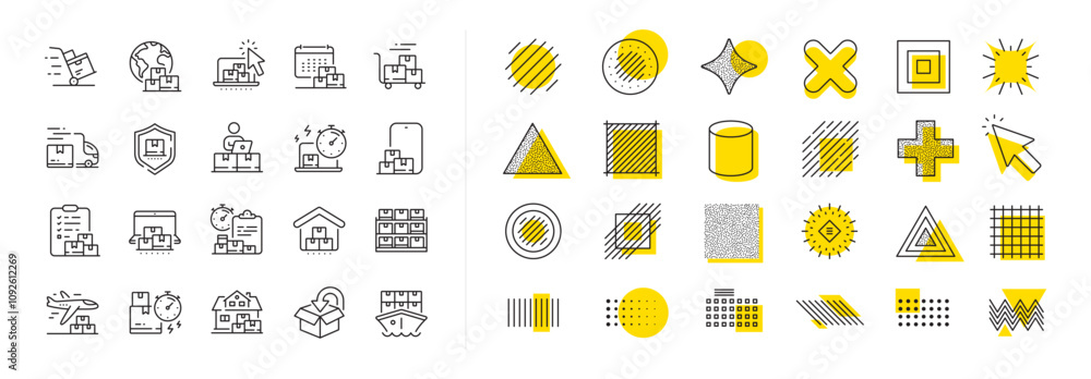 Poster return package, logistic service and delivery date set. design shape elements. delivery line icons. 