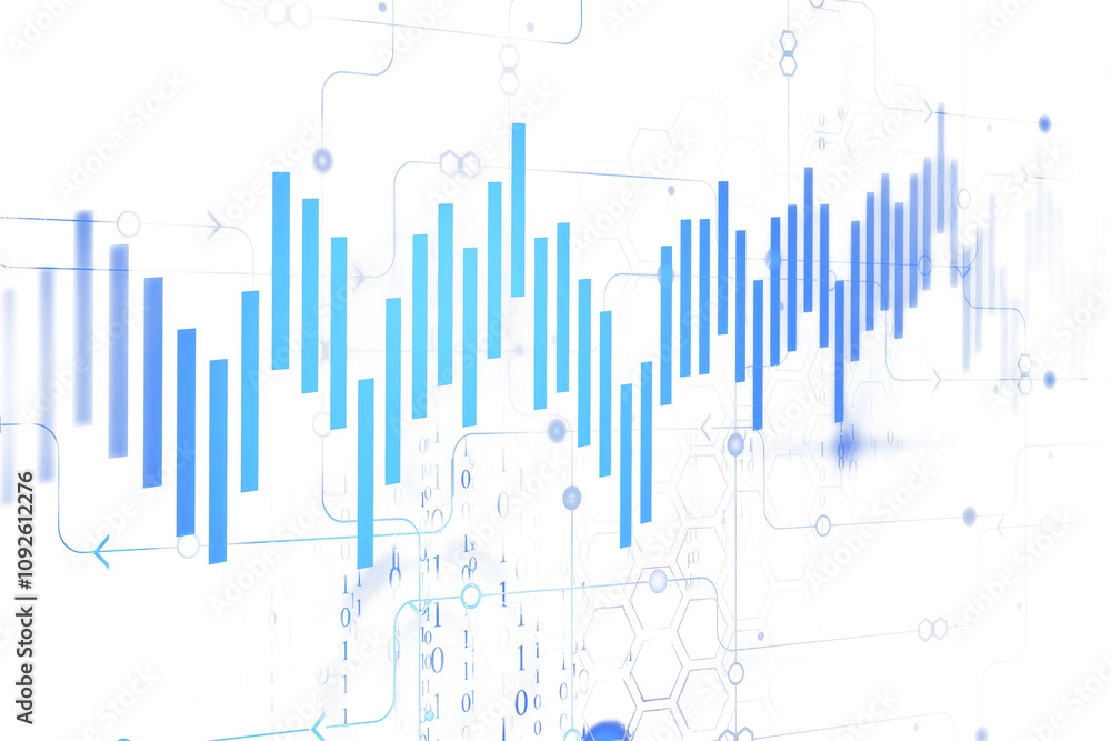 Aufkleber Abstract financial chart with blue bars, geometric patterns, and binary code symbols on a white background. Concept of data analysis and stock