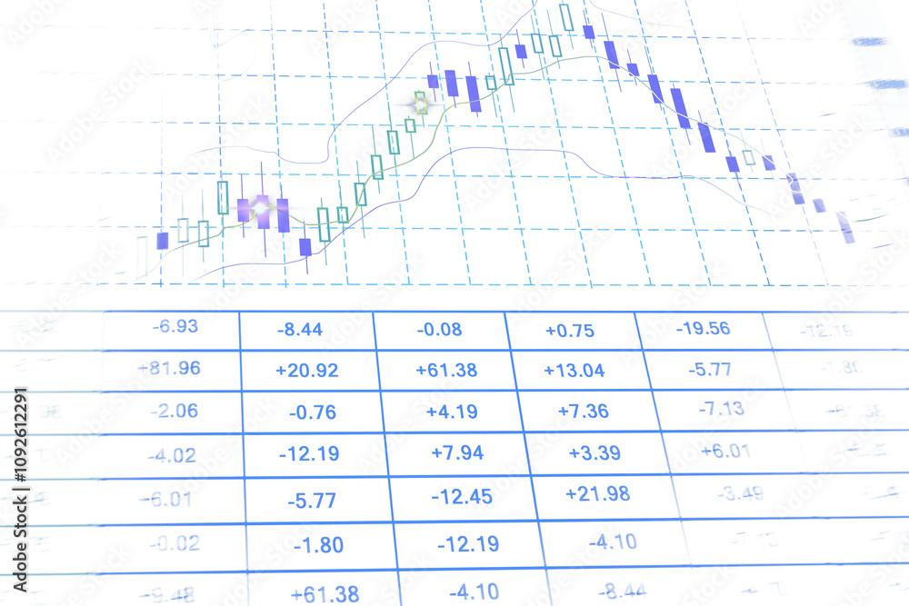 Poster forex and stock market candlestick chart combined with numerical data table on white, transparent ba