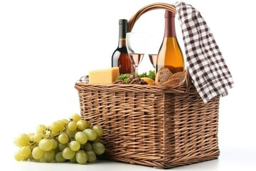 Obraz premium Wicker Basket Picnic With Wine Cheese And Grapes