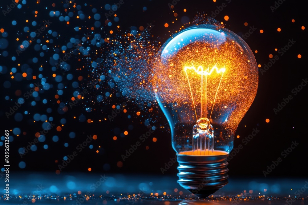 Poster glowing bulb with sparkling lights in dark background