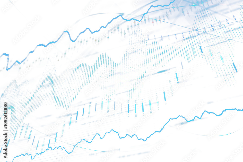 Poster Abstract depiction of financial charts and graphs with blue lines and grid elements on a white background, representing business and data analysis concepts