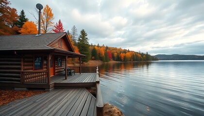 Naklejka premium A serene lakeside cabin wallpaper with a wooden deck overlooking calm waters, surrounded by colorful autumn foliage, embodying the peaceful lifestyle of the Adirondacks in New York.