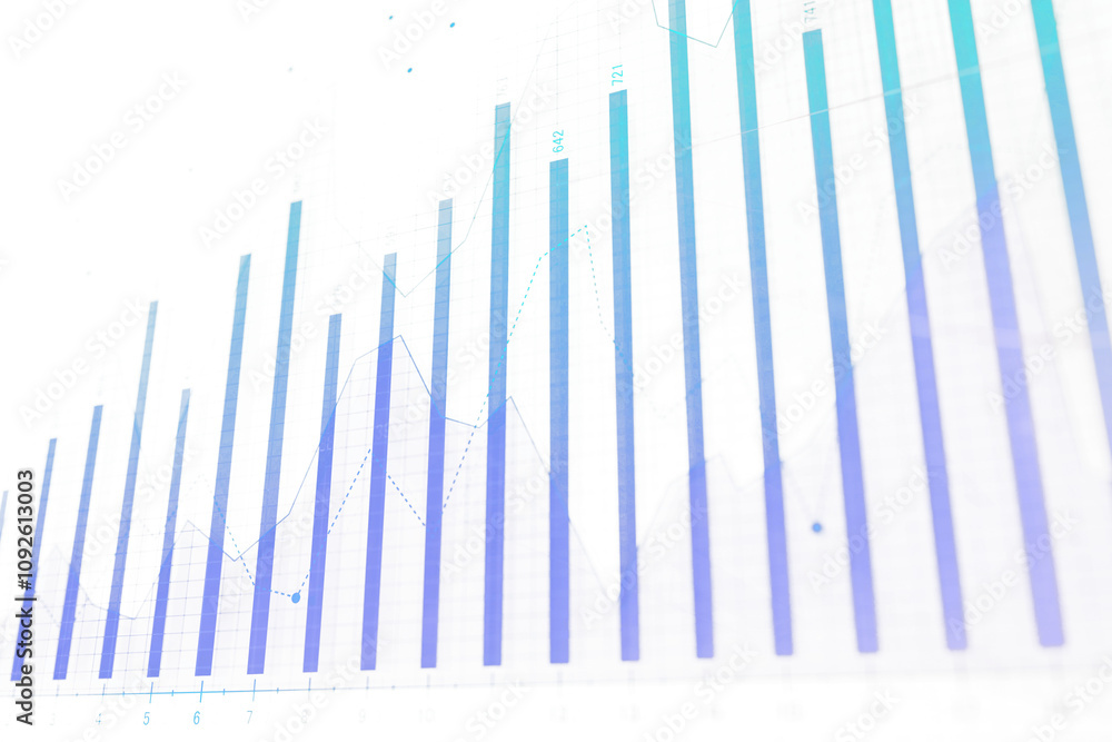 Aufkleber illustration of financial data with vertical bars and line graphs. blue gradient tones on a white ba