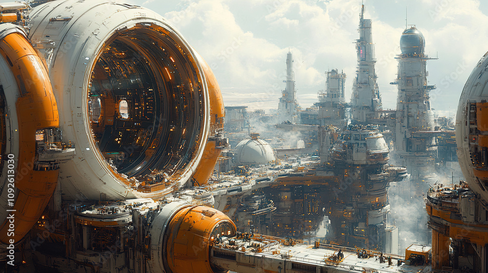 Poster futuristic industrial complex with large circular structures and towering skyscrapers under cloudy s