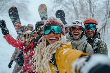 Joyful Snowboarding Group Selfie in Winter Wonderland