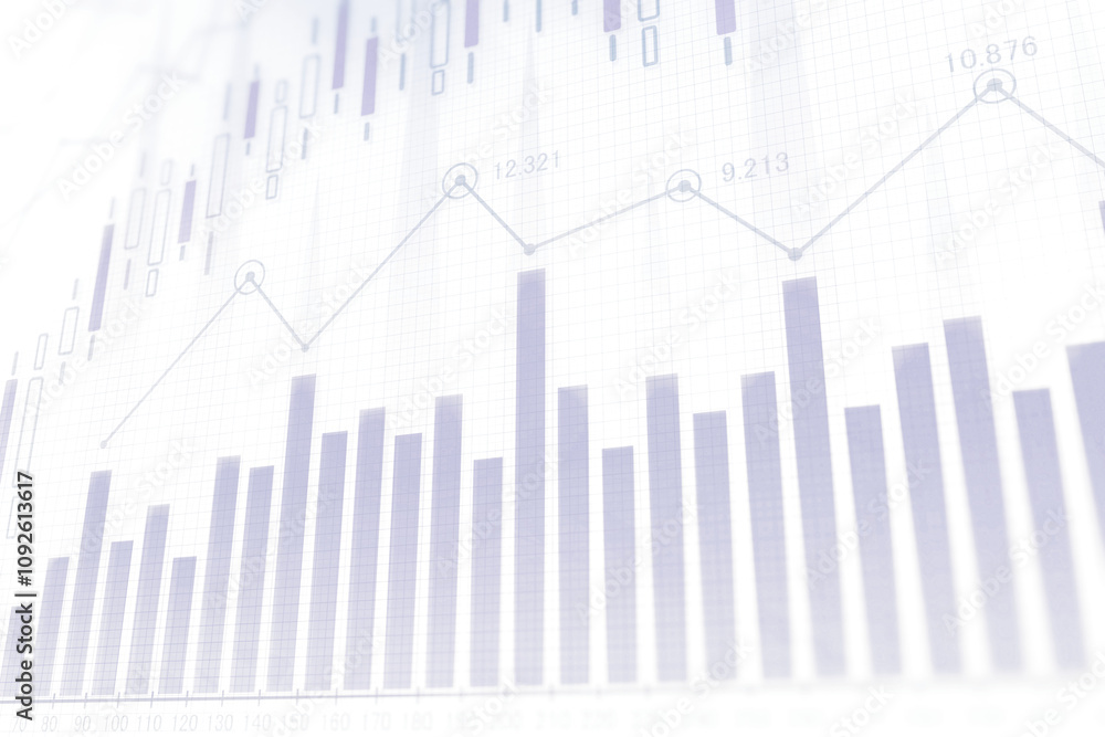 Poster Financial chart with bars and line graph in soft gradient style on a white background. Concept of stock market, business, and data analysis