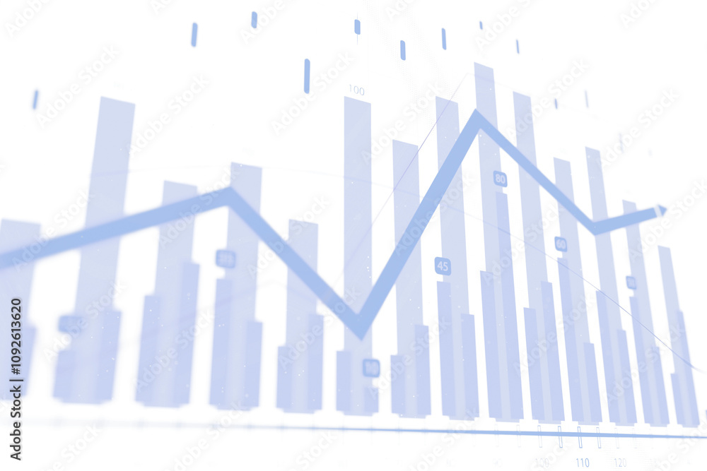Poster blue bar charts and line graphs illustrating business data on a white background, symbolizing financ