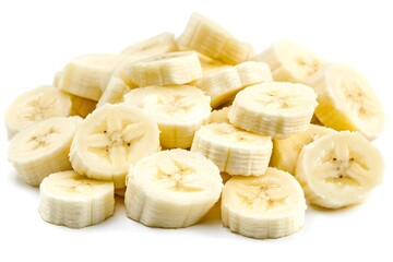 Close-up of a pile of sliced bananas on a white background