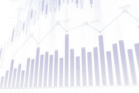 Financial chart with bars and line graph in soft gradient style on a white background. Concept of stock market, business, and data analysis