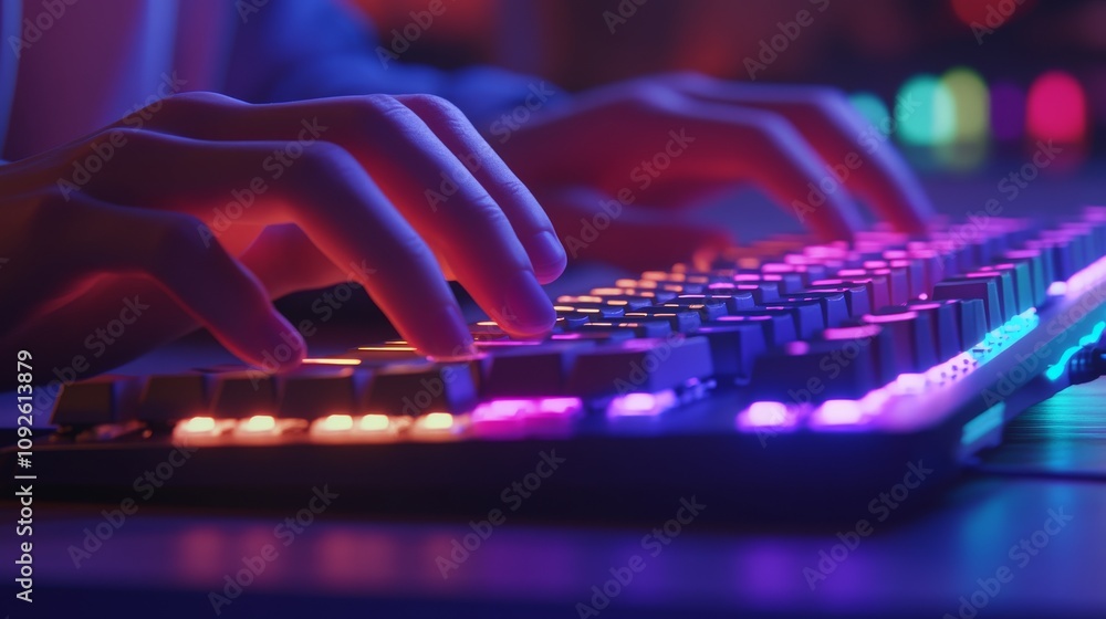 Poster close-up of hands typing on a colorful rgb keyboard