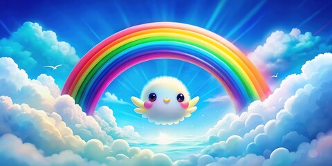 Vivid double exposure art featuring a cartoon rainbow cloud.