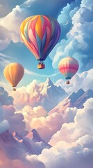 Fototapeta premium Colorful hot air balloons floating in the sky, with clouds and mountains in the background