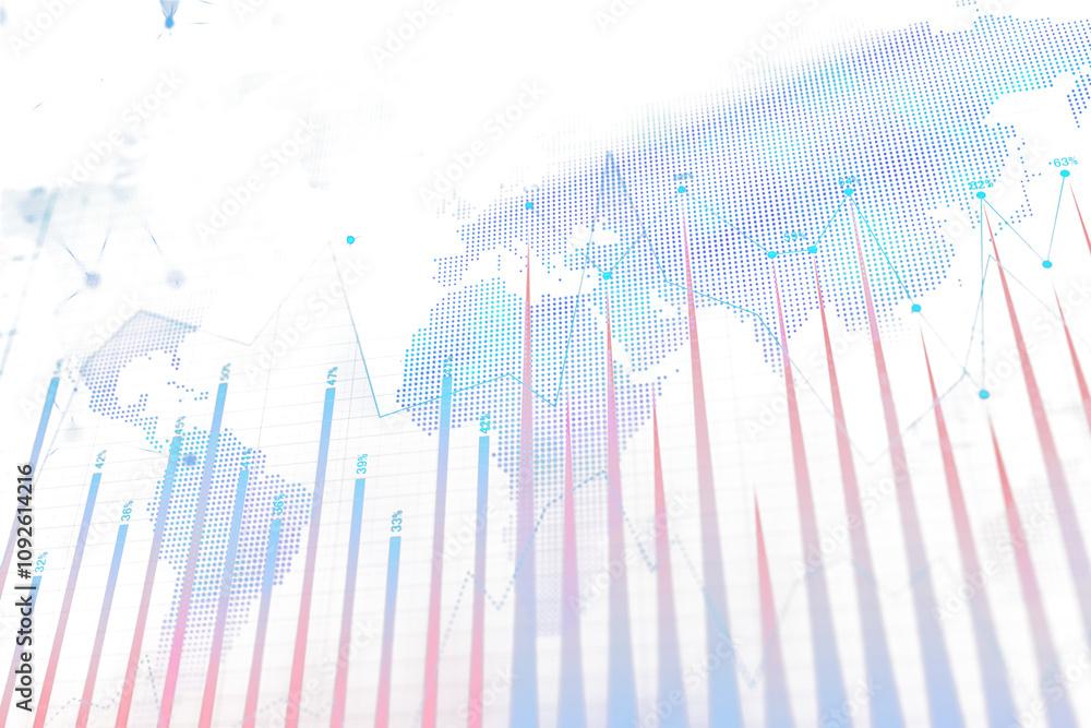 Poster Abstract financial graph and bar chart with a dotted world map overlay, data points, and percentage markers on a clean white background