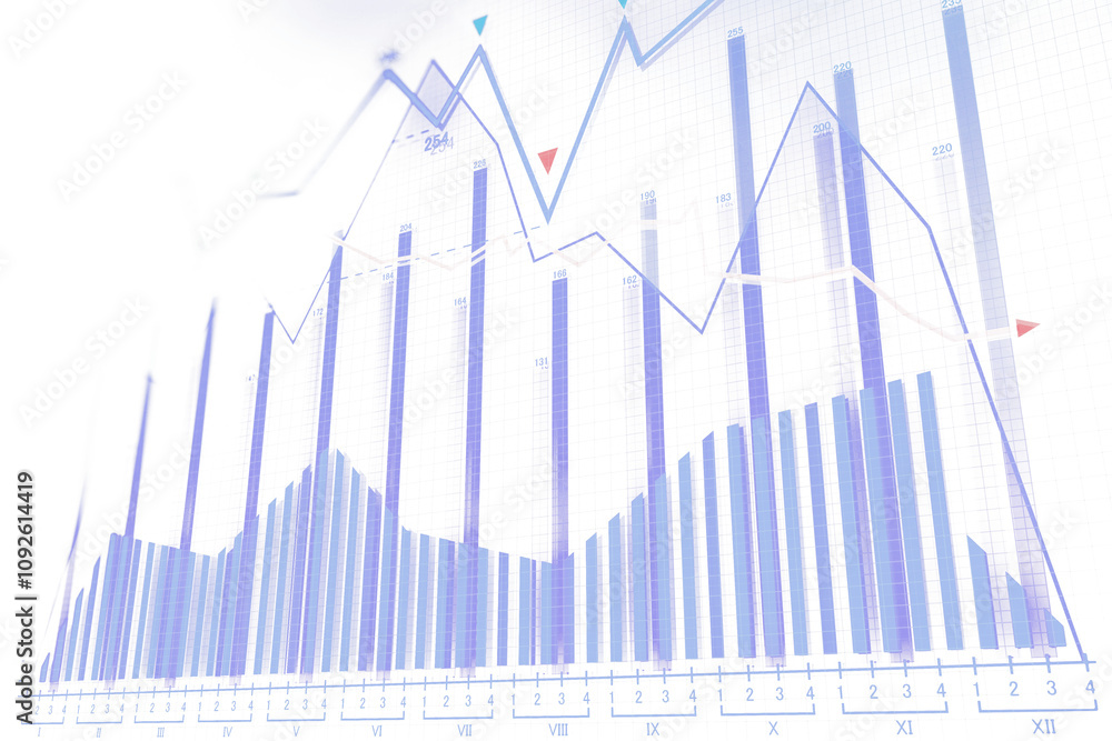 Poster Bar and line chart with numerical data displayed in a transparent design, set against a white background. Concept of financial analysis and growth
