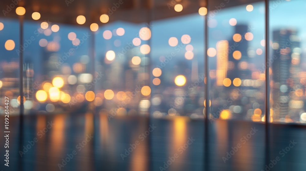 Poster a blurred view of a city skyline through large windows, creating a serene atmosphere.