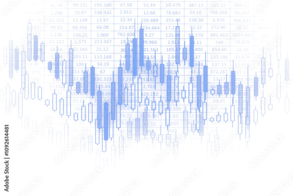 Poster Blue candlestick chart overlaying numerical data on a clean white background, representing forex and stock market trends, analysis, and business concepts