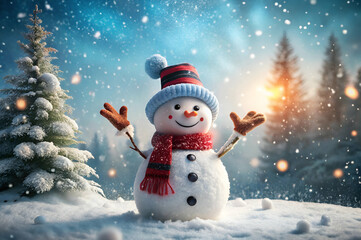 Fototapeta premium A cheerful snowman stands in a winter wonderland, surrounded by snow-covered trees and gently falling snowflakes, exuding a festive spirit.