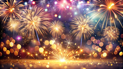 Fototapeta premium A vibrant display of colorful fireworks against a dark background, illuminating the night sky with sparkling lights and bokeh effects.