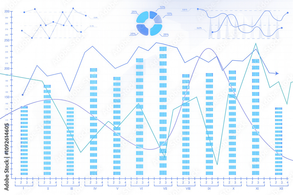 Poster business charts, graphs, and a pie chart with blue data lines and bars on a white background. concep