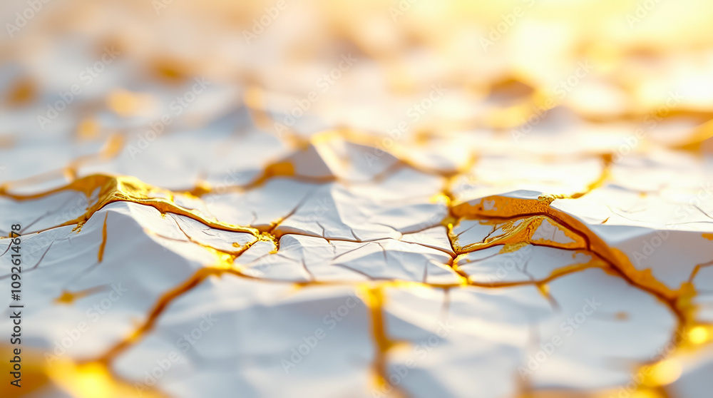Poster a close view of a surface with small triangular and polygonal gold facets creating a unique texture,