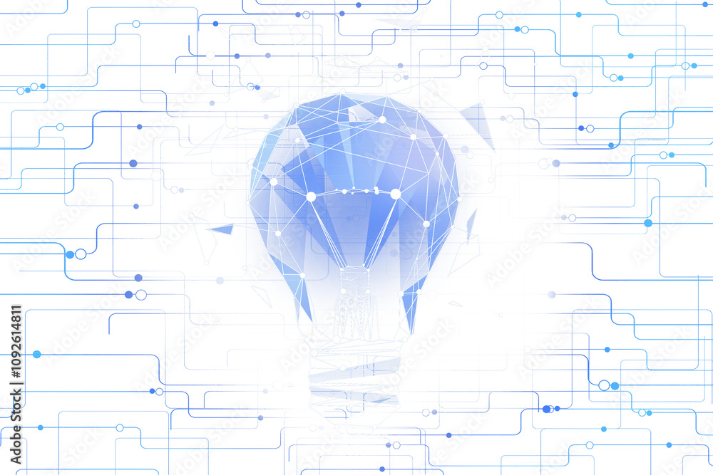 Poster abstract illustration of a blue lightbulb formed by geometric network patterns, surrounded by digita