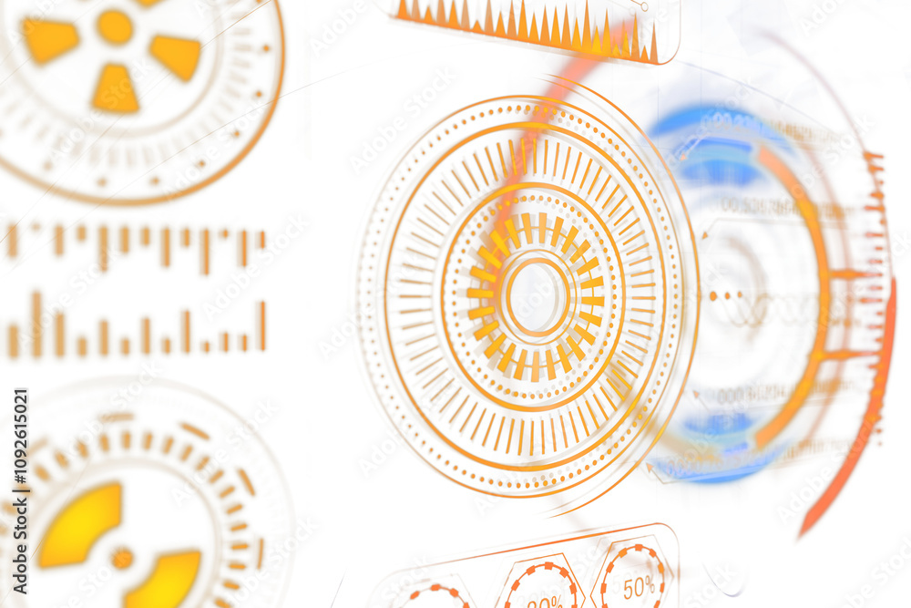 Poster Abstract futuristic digital interface with orange and blue circular elements and graphs on a white background. Concept of technology, innovation
