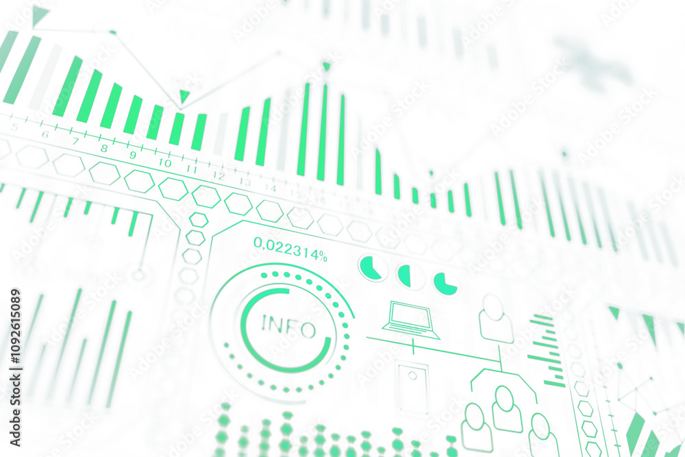 Poster Green financial charts, graphs, and data icons displayed on an abstract white background, representing business analytics and information visualization