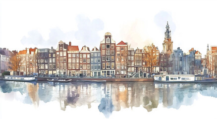 Watercolor view of Amsterdam canals