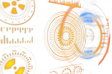 Abstract futuristic digital interface with orange and blue circular elements and graphs on a white background. Concept of technology, innovation