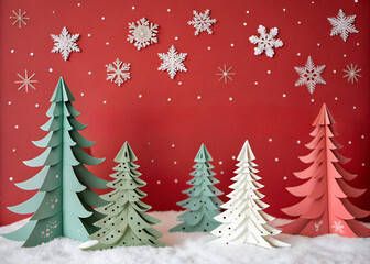 Naklejka premium Colorful paper Christmas trees against a red background with snowflakes, creating a festive holiday atmosphere.