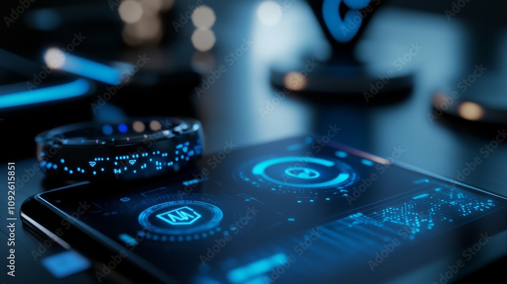 Poster futuristic tech interface with vivid blue display