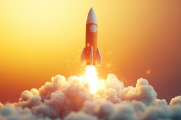 Naklejka premium The rocket taking off with a powerful burst of white smoke and flames. Gradient yellow and soft orange background. Concept of innovation, progress, startups, launching new projects or ideas.