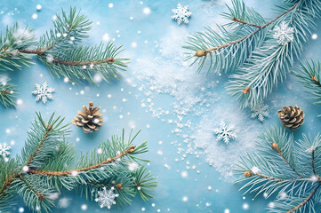 A serene winter scene featuring evergreen branches, snowflakes, and pine cones against a soft blue background.