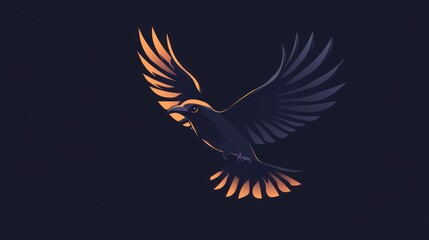 Obraz premium A black raven with orange wing tips flying against a dark background.