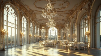 Obraz premium Elegant ballroom with chandeliers, golden accents, high ceilings, and large windows, creating a luxurious scene