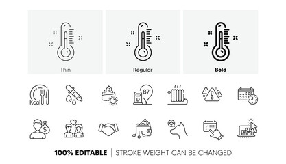 Online storage, Couple love and Event click line icons. Pack of Calories, Thermometer, Handshake icon. Radiator, Salary, Warning pictogram. Calendar, Digital wallet, Diesel station. Line icons. Vector