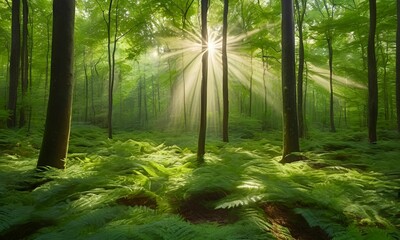 Fototapeta premium Beautiful rays of sunlight in a green forest